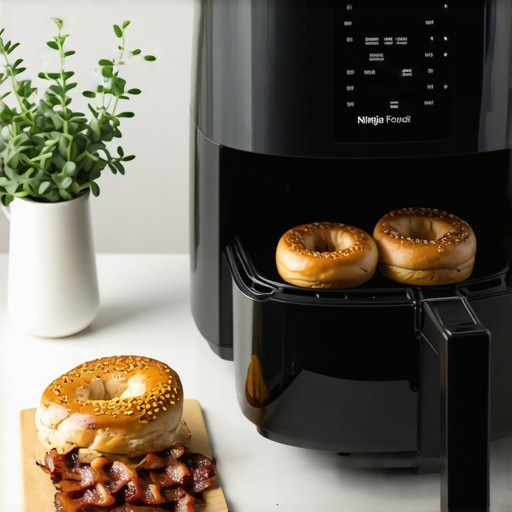 Ninja Foodi DualZone Air Fryer Breakfast Ninja Foodi air fryer showing dual baskets with toasted bagels and bacon.