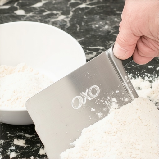 OXO Good Grips Bench Scraper in Action A person using a stainless steel bench scraper to clean a marble kitchen island.