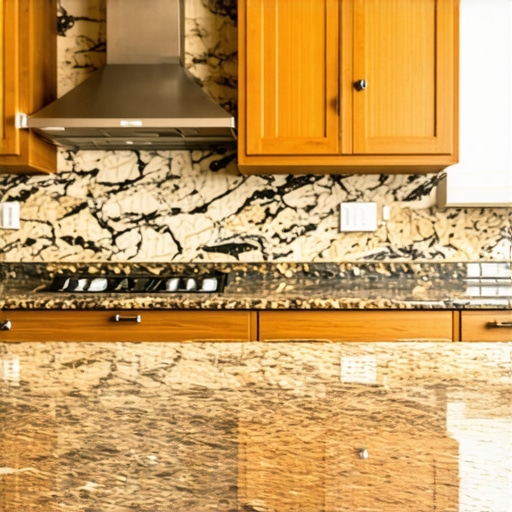 Close-up of a sparkling clean and polished granite kitchen countertop showing a mirror-like reflection.