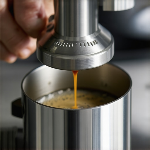 Close-up of a stainless steel precision tamper ensuring a level coffee puck in a portafilter.