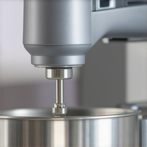 A technician using a precision screwdriver to calibrate the head tension of a stainless steel stand mixer.
