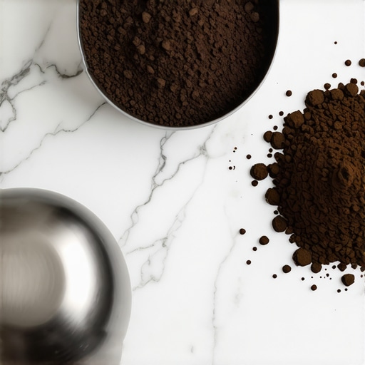 A detailed view of stainless steel coffee grinder burrs and consistent coffee grounds.