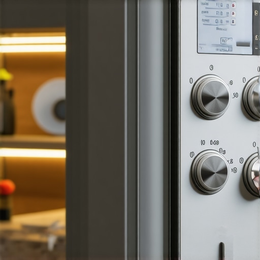 Precision Controls on Luxury Kitchen Equipment High-quality stainless steel kitchen appliance control panel showing durable dials and display.