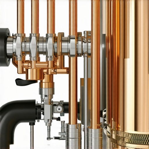 Close-up of copper pipes and brass boilers inside a high-end espresso machine.