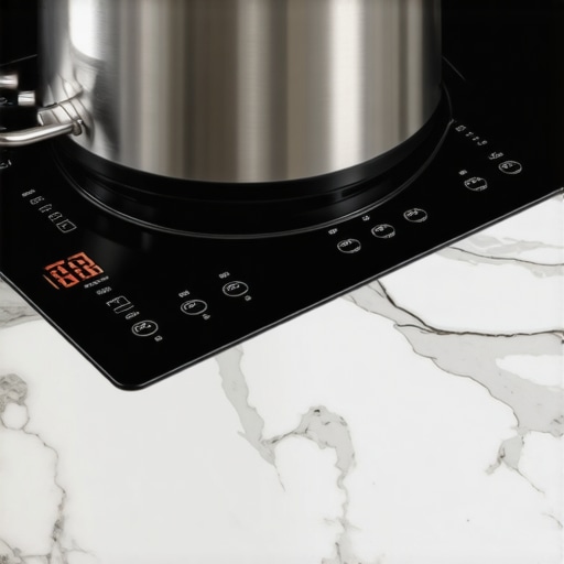 High-end portable induction cooktop showing digital temperature controls and sleek glass surface.