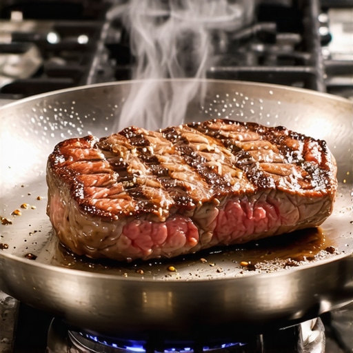 Close-up of 3-ply stainless steel skillet searing meat on a stove