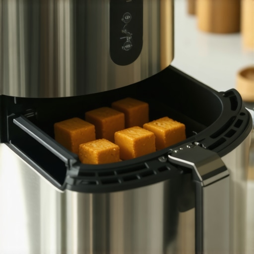 Premium Air Fryer Crispy Tofu Golden-brown crispy tofu cubes inside a premium air fryer basket