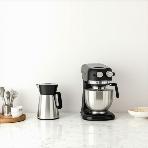 A luxury kitchen setup showing a high-end espresso machine and stand mixer illustrating quality build and design.