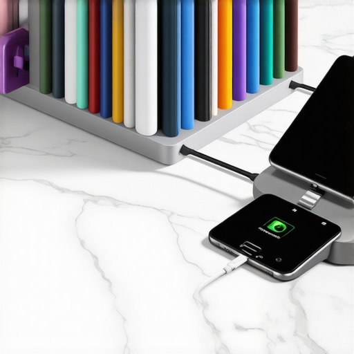 A Satechi Dock5 charging station on a marble kitchen counter holding multiple iPads and iPhones.