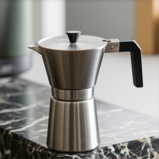 A close-up shot of a high-end stainless steel espresso portafilter on a marble surface.