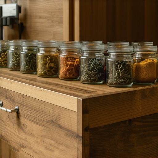 Premium Solid Walnut Spice Drawer Insert A close-up view of a custom walnut wood tiered spice rack inside a high-end kitchen drawer.