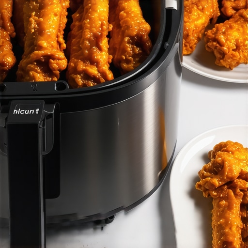 Pro-Series Air Fryer and Crispy Wings A high-end convection air fryer with a platter of perfectly fried chicken wings.