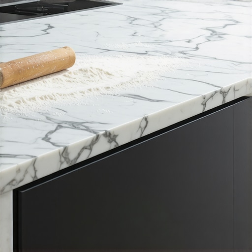 Luxury integrated marble pastry station with professional bakers height for dough work.