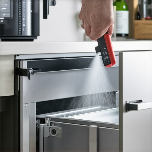 A person applying a professional-grade odor eliminator spray to a built-in kitchen trash compactor.