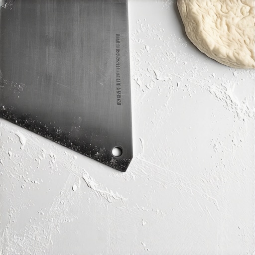 Professional Dexter-Russell Scraper in Action A high-carbon steel bench scraper next to fresh dough on a kitchen counter.
