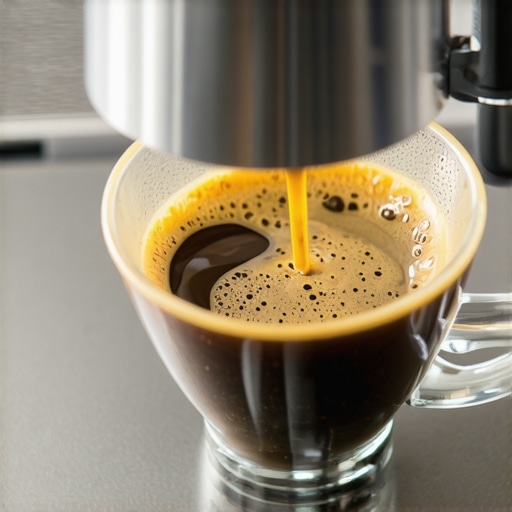 A close-up of a bottomless portafilter showing a perfect espresso extraction with rich crema.