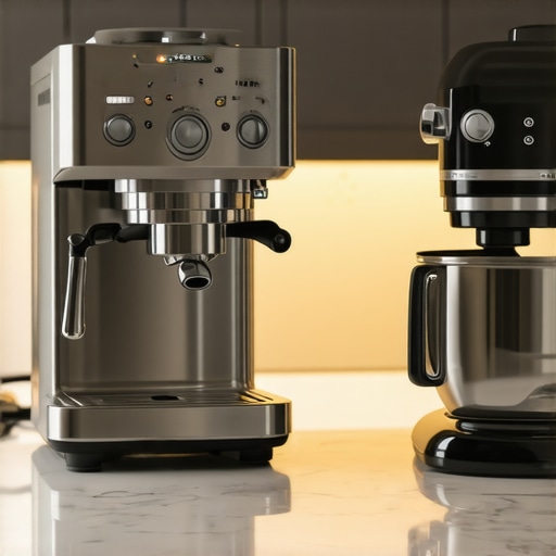 Professional Grade Kitchen Appliances Under Luxury Lighting Close-up of premium kitchen appliances showing metal construction and sleek design on a marble counter.
