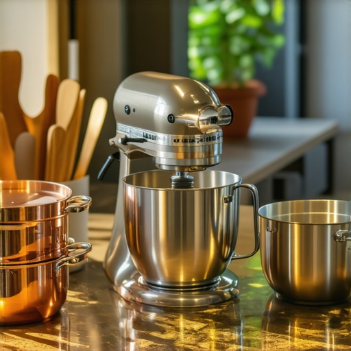 Professional Grade Kitchen Appliances and Cookware A collection of luxury kitchen appliances highlighting heavy-duty construction and premium materials.