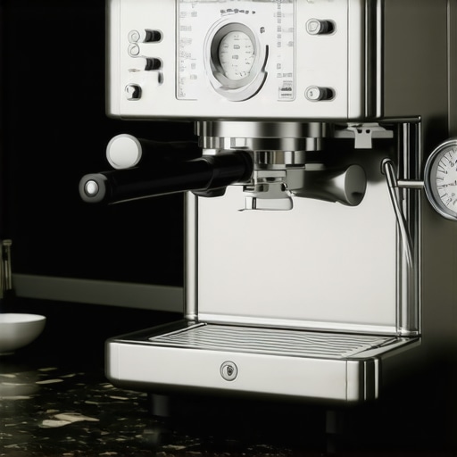 Close-up of high-quality metal switches and gauges on a luxury espresso machine.