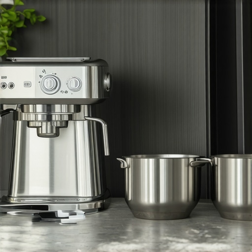Professional Luxury Kitchen Appliances and Cookware Close up of a high-end espresso machine and professional stand mixer on a marble countertop.