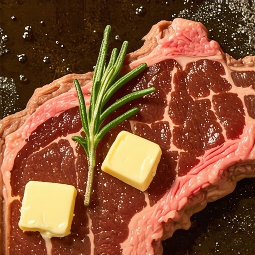 A well-seasoned Mauviel carbon steel skillet with a dark patina being used to sear a steak on a gas stove.