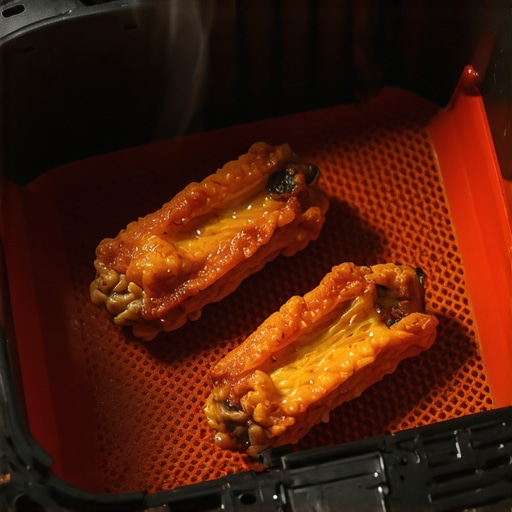 Close-up of a perforated silicone mat inside an air fryer basket with crispy wings