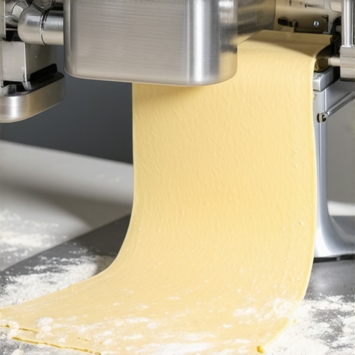 Professional Stainless Steel Pasta Roller Fresh pasta dough being processed through a stand mixer attachment