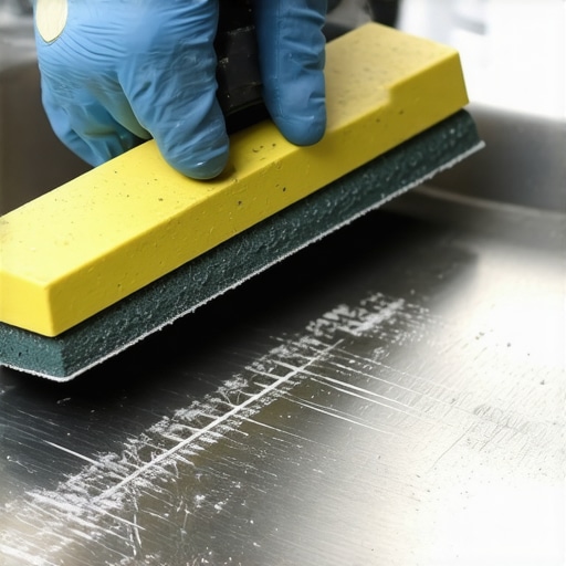 Close up of a worker repairing scratches on a stainless steel sink using a professional restoration kit.