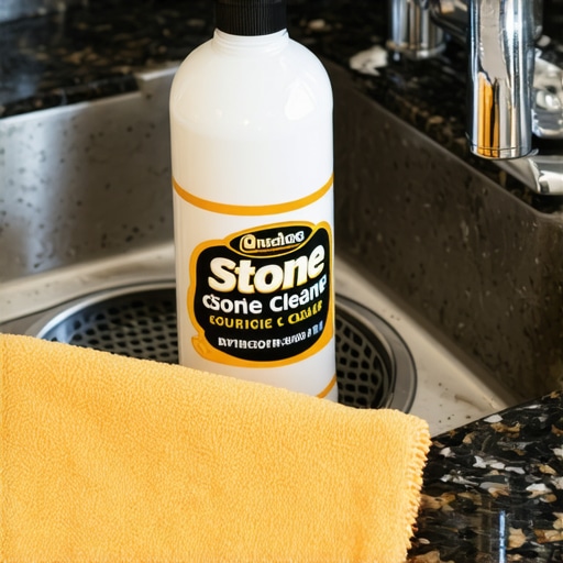 Close-up of a pH-neutral stone cleaner bottle on a luxury granite kitchen sink with a cleaning cloth.