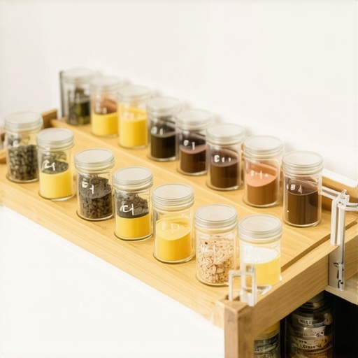 Professional Tiered Acrylic Spice Organizer A tiered acrylic spice rack inside a kitchen drawer showing organized glass jars.