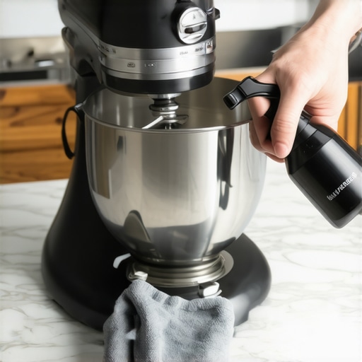 A bottle of matte detailer being used to clean and protect a black kitchen mixer.