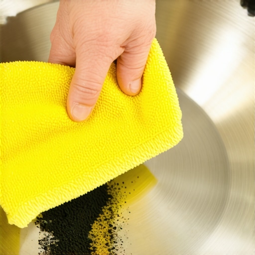 Close-up of cleaning a burnt stainless steel pan with Bar Keepers Friend to remove scorched sugar.