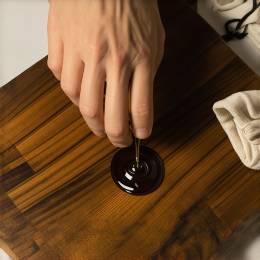 A hand buffing oil into a dark wood cutting board to restore its finish.