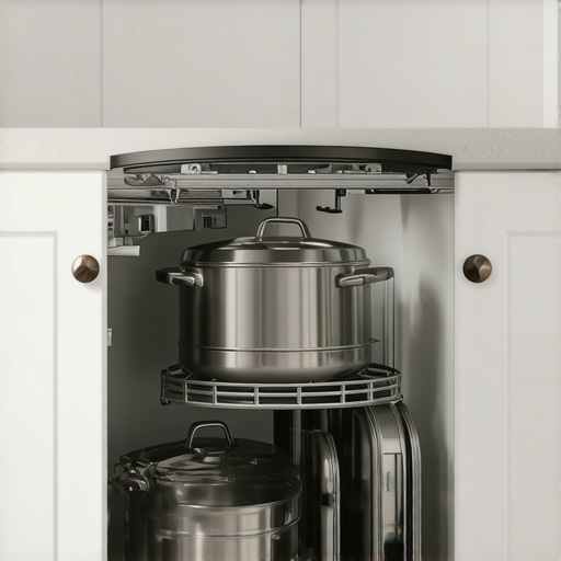 A two-tier swinging cloud organizer pulled out from a kitchen corner cabinet with pots.