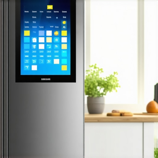 Samsung Family Hub Smart Display in Action A high-end Samsung smart refrigerator screen showing a digital calendar and kitchen controls.