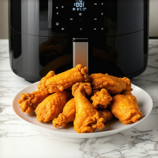 Smart Convection Air Fryer with Crispy Wings A high-end smart air fryer cooking chicken wings to a golden brown crisp.