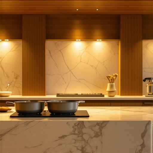 Luxury kitchen with smart LED downlights showing different color temperatures over a marble island.