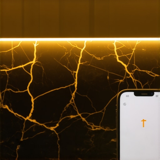 Smart Kitchen Lighting Control via App A hand holding a smartphone to control smart under-cabinet LED lights in a luxury kitchen.