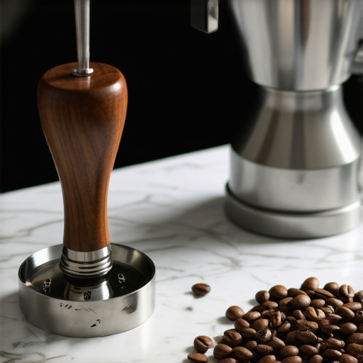 A luxury auto-leveling espresso tamper on a marble countertop