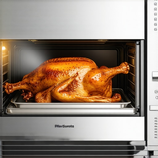 A perfectly roasted whole chicken with crispy golden skin inside a high-end countertop convection oven.