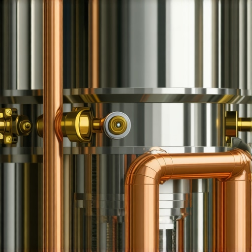 Close-up of internal copper pipes and brass boiler of a premium espresso machine