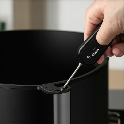 ThermoWorks Thermapen ONE Air Fryer Test A digital thermometer measuring the internal temperature of an air fryer basket for calibration.