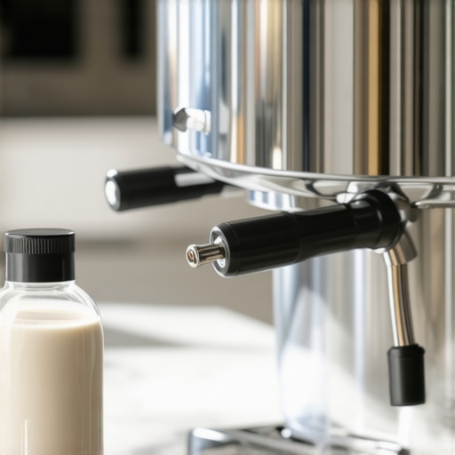 A bottle of Urnex Rinza liquid cleaner next to a clean espresso steam wand