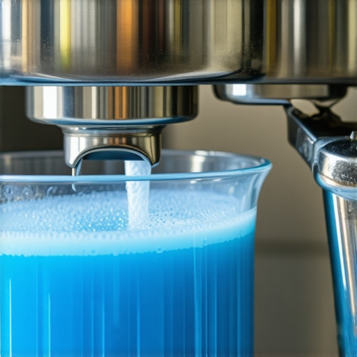 Urnex Rinza cleaning tablet dissolving milk residue A steam wand soaking in blue Urnex Rinza cleaning solution to remove milk buildup.