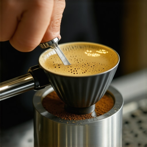Barista using a WDT tool to break coffee clumps in a portafilter