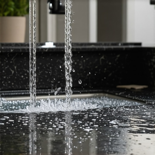 Close-up of water droplets beading on a high-end granite sink surface after professional sealing