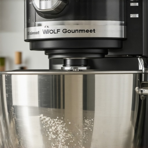 Close-up of a luxury Wolf Gourmet stand mixer kneading dough