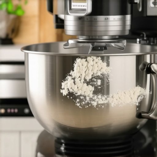 Wolf Gourmet stand mixer kneading heavy bread dough using its bowl-lift mechanism.